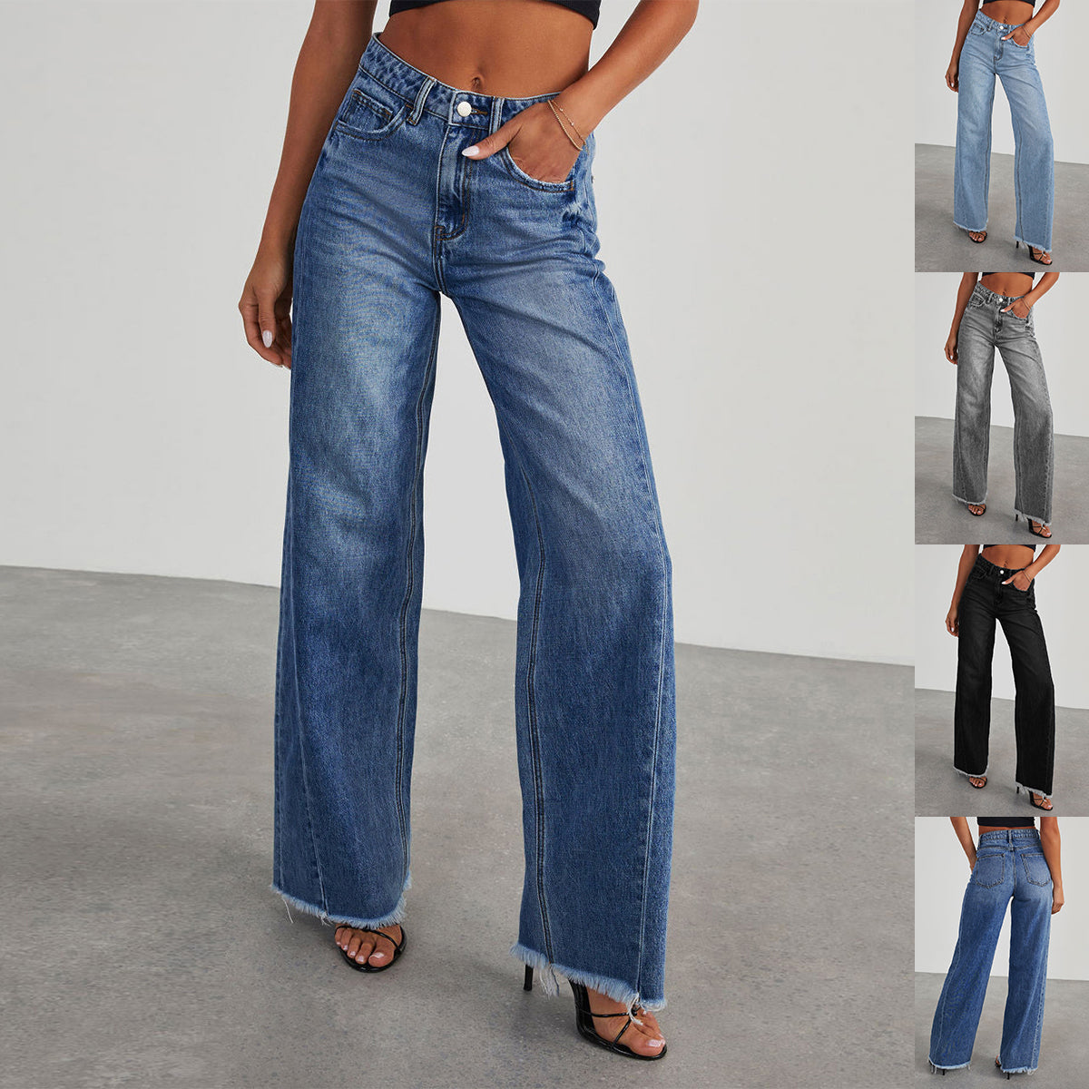 Women's High-Waist Straight Wide-Leg Jeans with Pockets