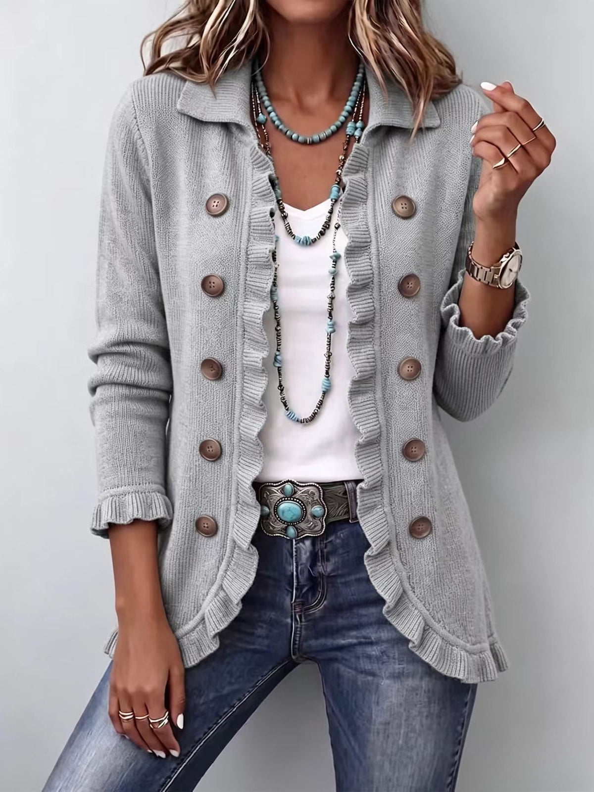 Women's Ruffled Long-Sleeve Knit Cardigan With Buttons