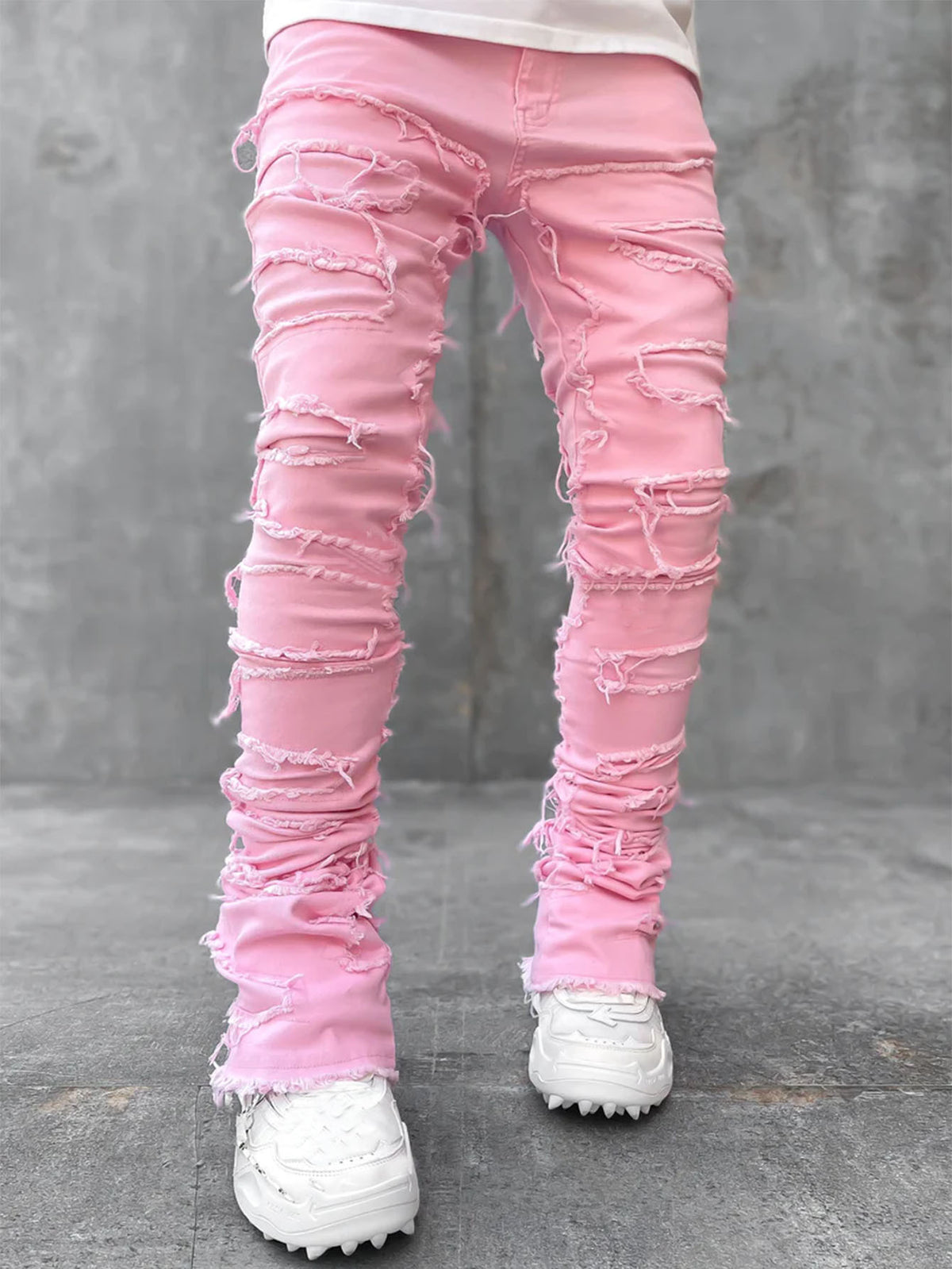 Men's Ripped Fringe Patched Jeans in a Slim Stacked Fit