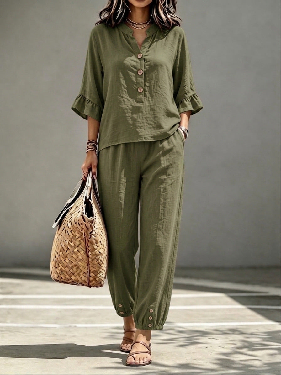 Women's 2-Piece V-Neck Top and Wide Leg Trousers Co-ord Set