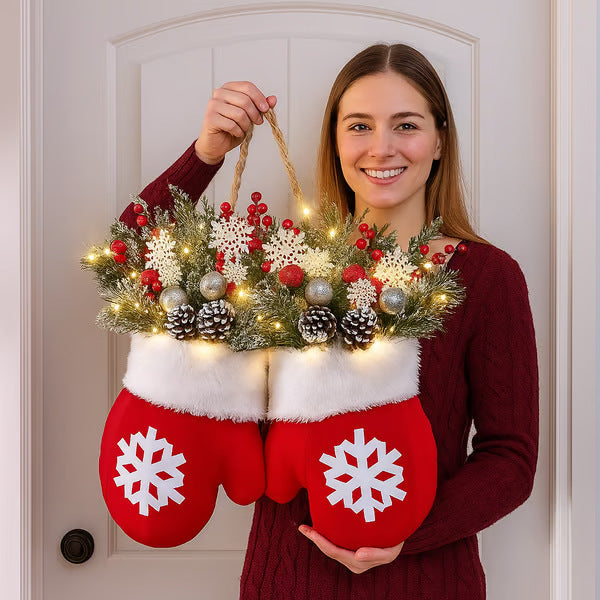 Christmas Glove Garland with Faux Flowers for Doors and Windows