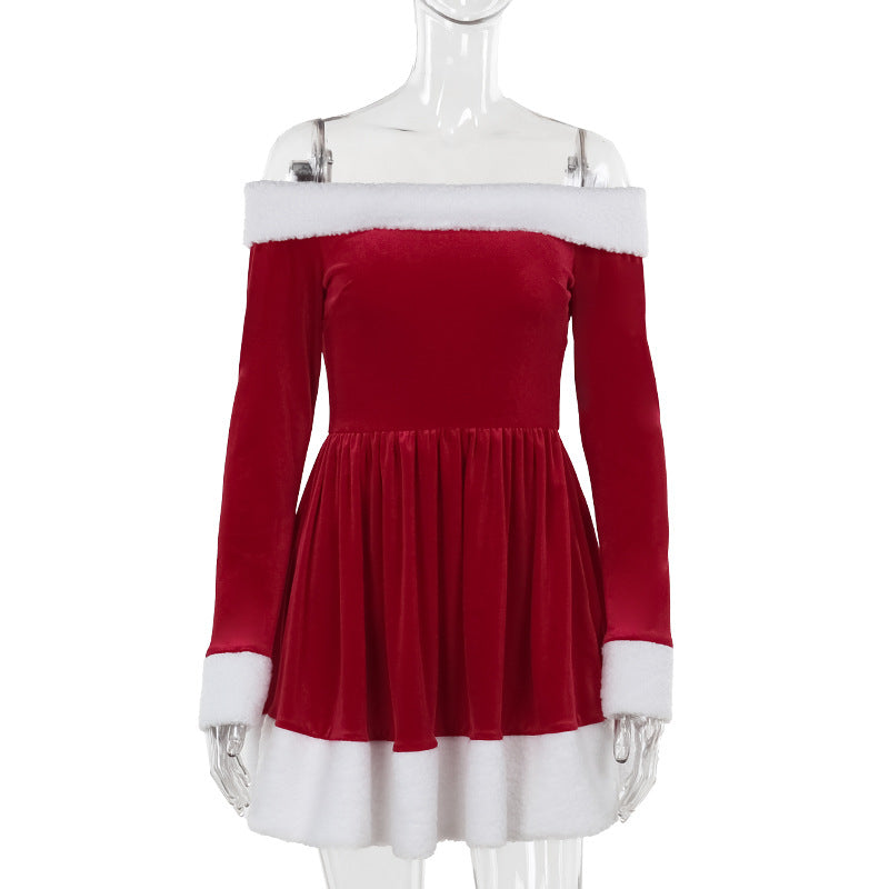 Women's Santa Christmas Dress with Plush Trim Off-Shoulder