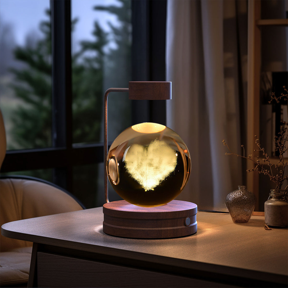 Crystal Ball Night Light With 3D Pattern On Wooden Base