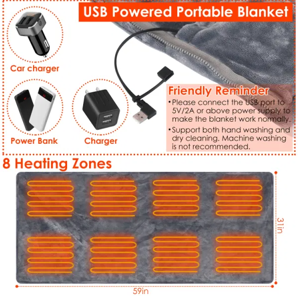 USB Heated Poncho Blanket With Zipper, Electric Wrap
