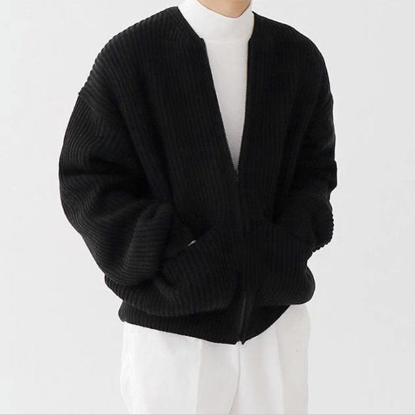 Men's Zip-Up Knitted Cardigan Jumper with Funnel Neck and Pockets