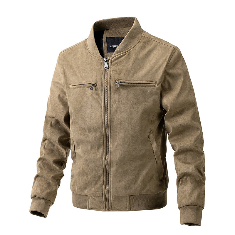 Men's Suede Stand Collar Jacket with Double Zip and Pockets