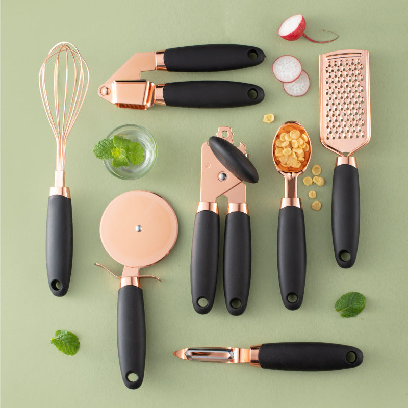 Kitchen Peeler and Utensil Set with Copper-Plated Holder