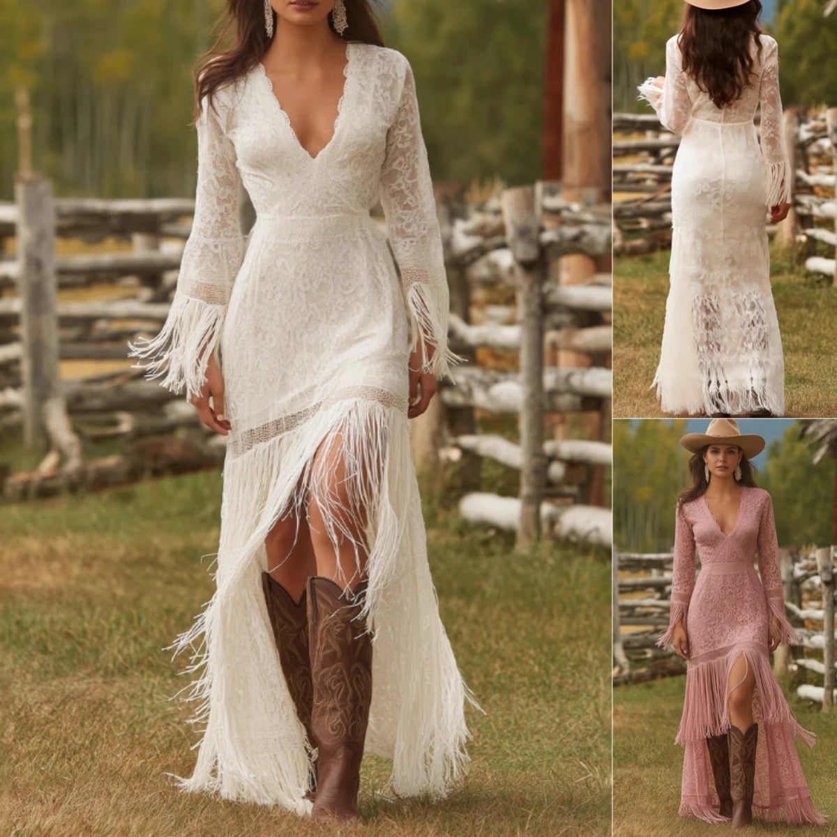 Vintage Boho Tassel Dress for Women, White Lace V-Neck Fringe Sleeve