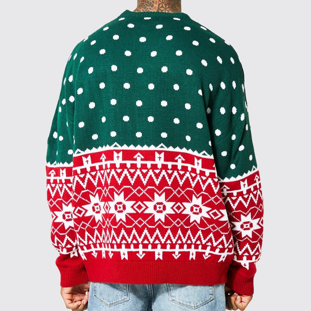 Men's Knitted Jacquard Pullover Sweater with Round Neck
