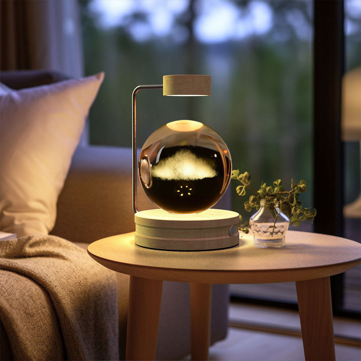 Crystal Ball Night Light With 3D Pattern On Wooden Base