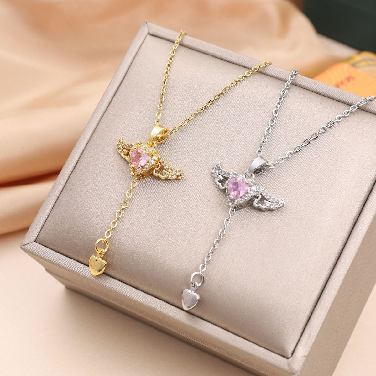 Cupid Heart Angel Wings Necklace With Crystal Clavicle Chain