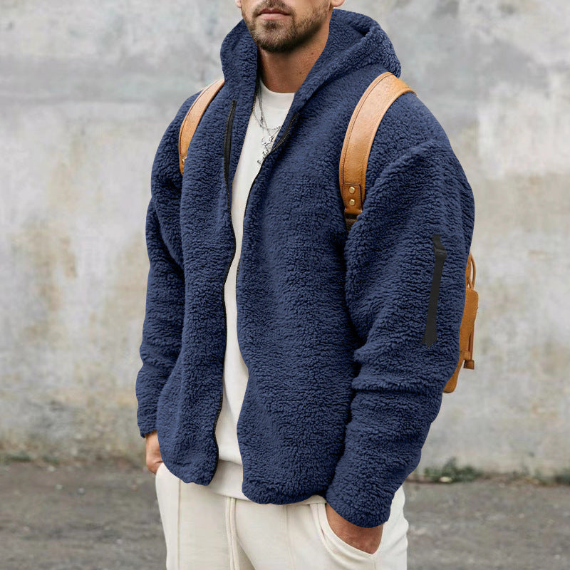Men's Plush Hooded Fleece Jacket, Double-Sided Warm Zip Coat