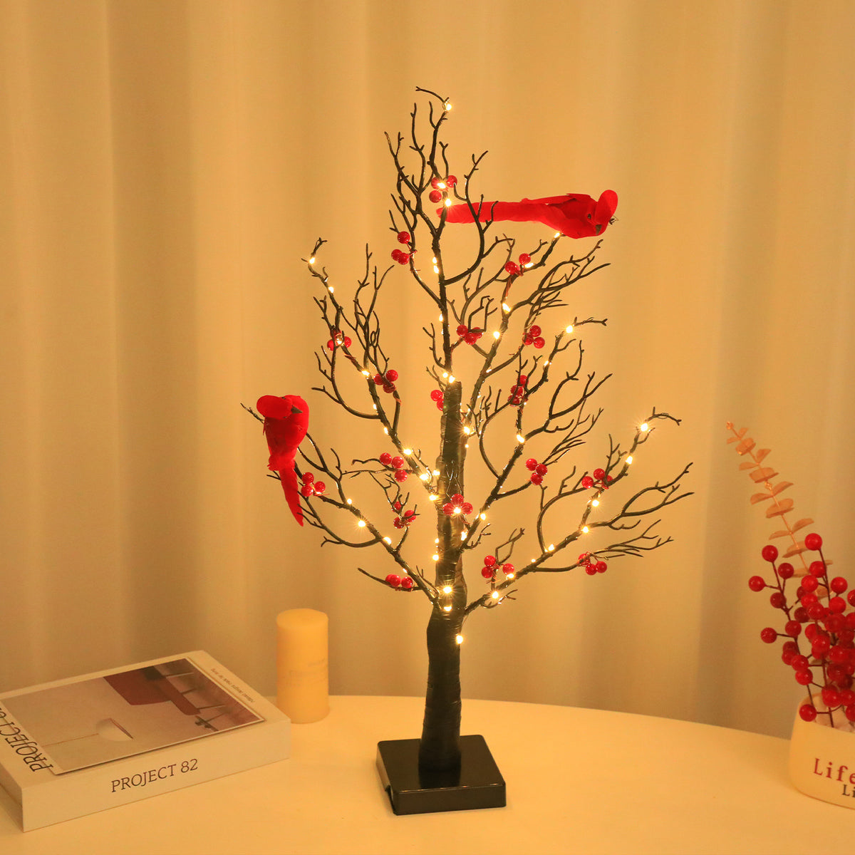 Lighted Mini Birch Tree with 60 LEDs and Cardinals