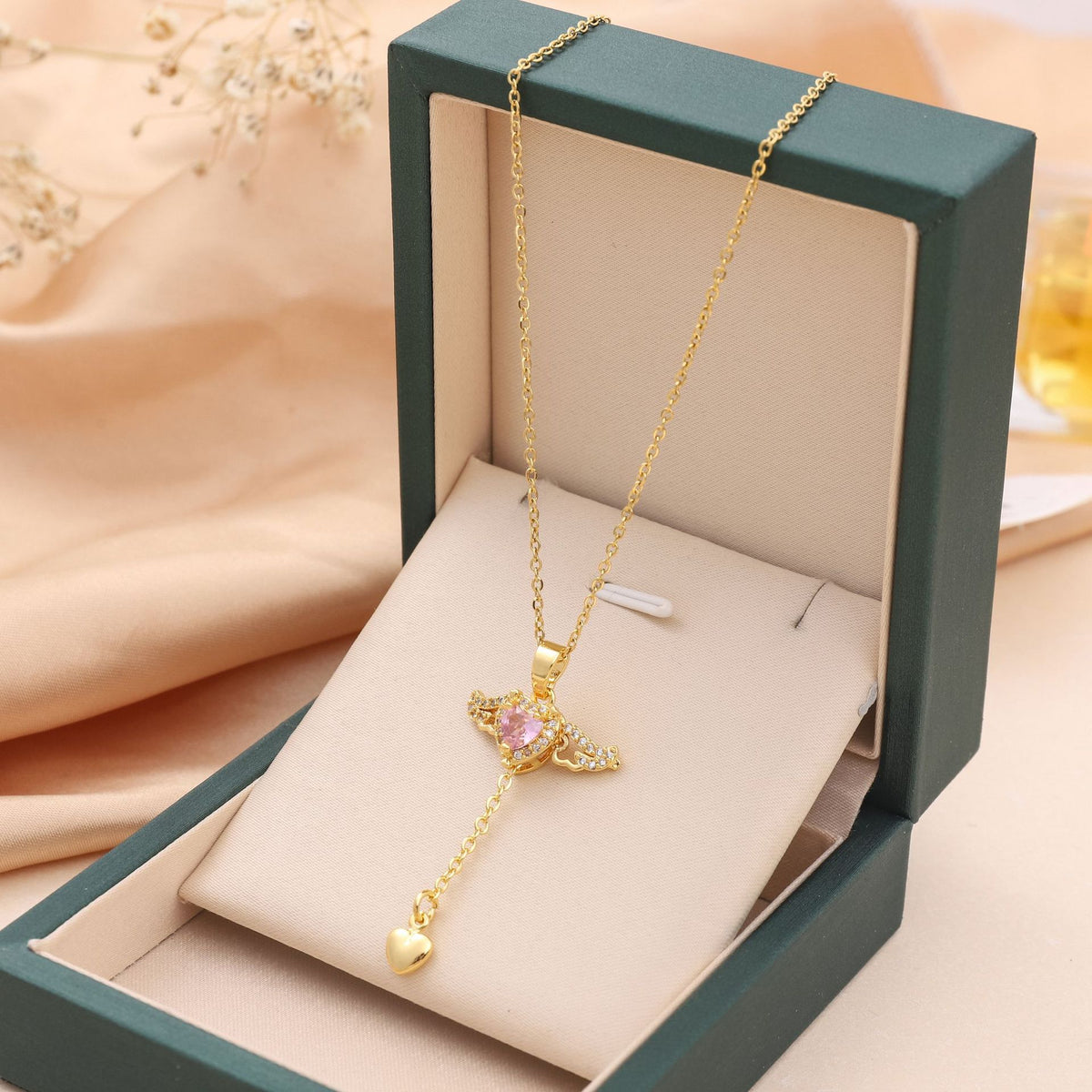 Cupid Heart Angel Wings Necklace With Crystal Clavicle Chain