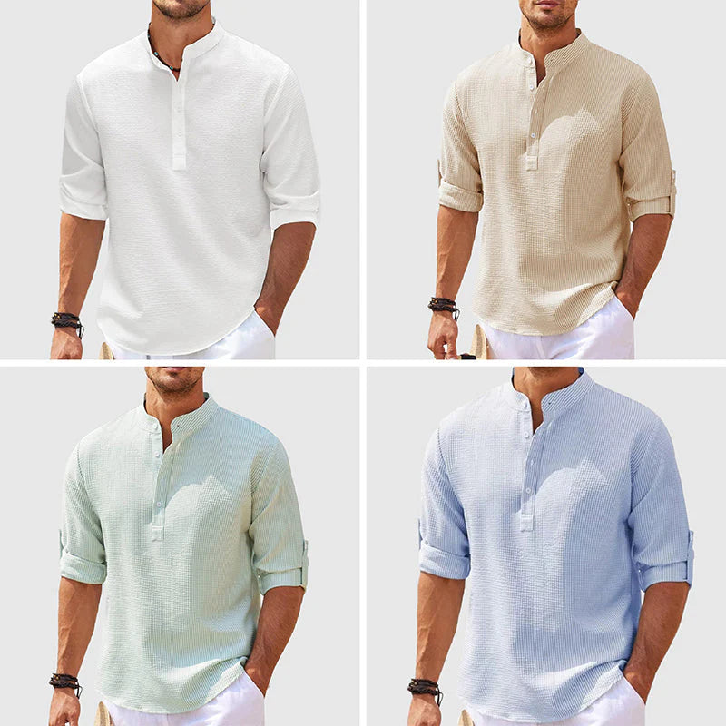 Men's Long Sleeve Stand Collar Shirt, Solid Colour Casual Top