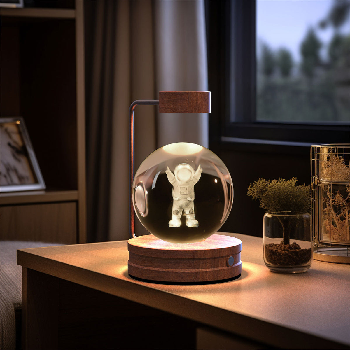 Crystal Ball Night Light With 3D Pattern On Wooden Base