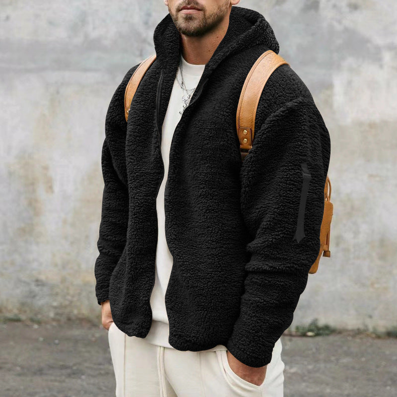 Men's Plush Hooded Fleece Jacket, Double-Sided Warm Zip Coat