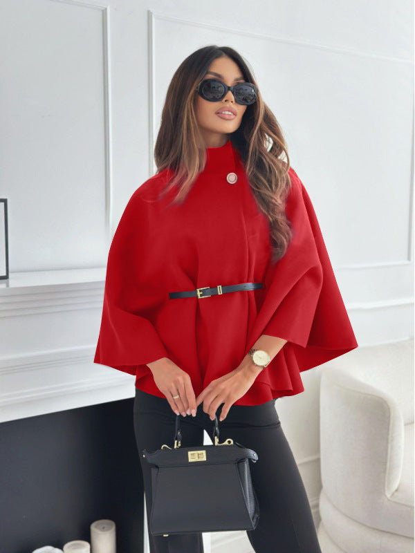 Women's Stand Collar Batwing Cloak Jacket With Belt, Woolen Look