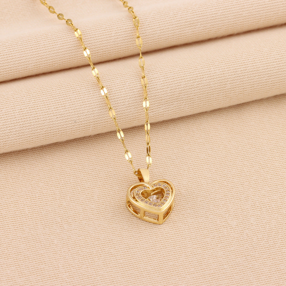 Double-Layer Love Heart Necklace With Rhinestones, Titanium Steel