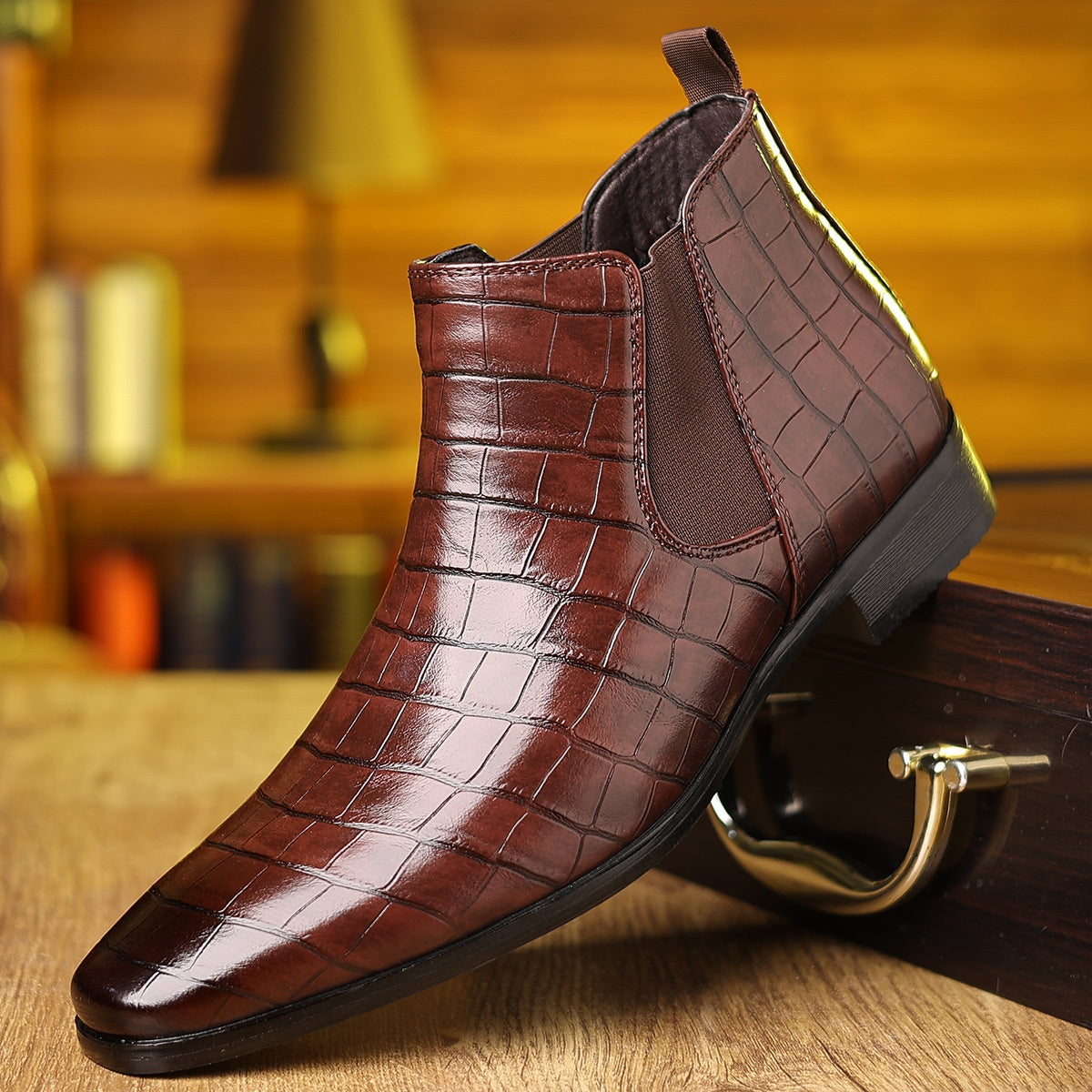 Men's Elegant Leather Shoes with Plaid Pattern in Six Colours