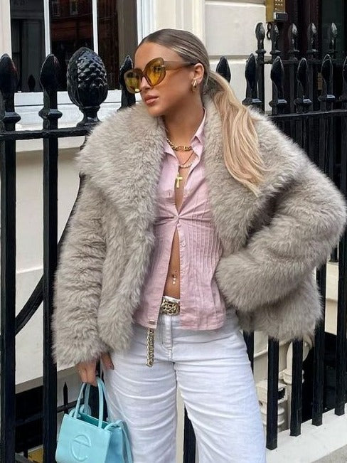 Women's Winter Plush Coat, Fluffy Thick Lapel Jacket