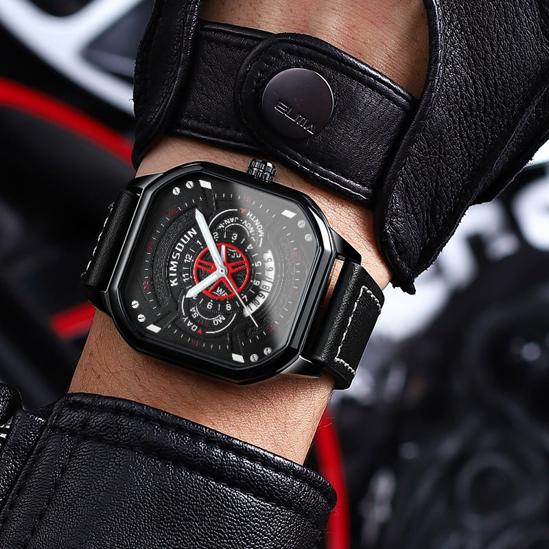 Men's Trendy Waterproof Quartz Watch with Leather Strap