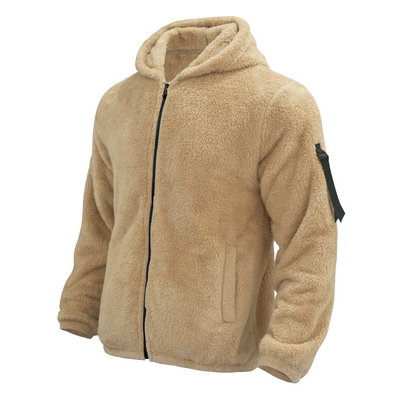 Men's Plush Hooded Fleece Jacket, Double-Sided Warm Zip Coat