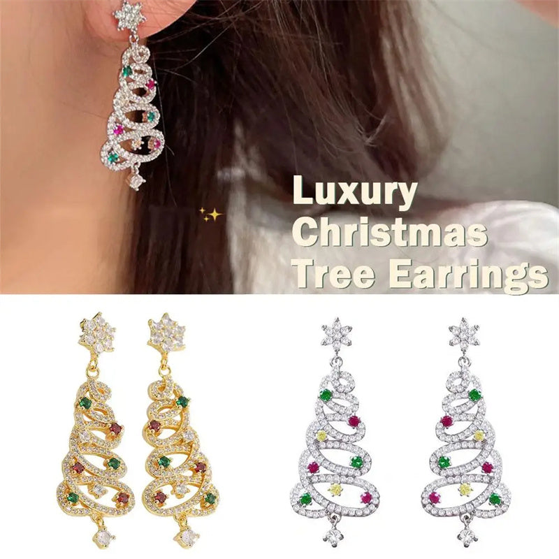 Full Inlaid Colourful Zircon Christmas Tree Tassel Earrings