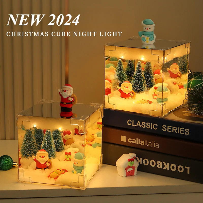 DIY Mirror LED Cube Lamp with 3D Santa Snowman Christmas Scene