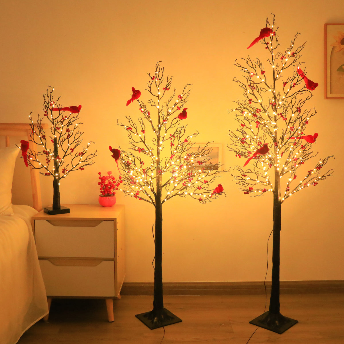 Lighted Mini Birch Tree with 60 LEDs and Cardinals