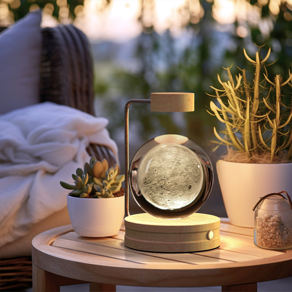 Crystal Ball Night Light With 3D Pattern On Wooden Base