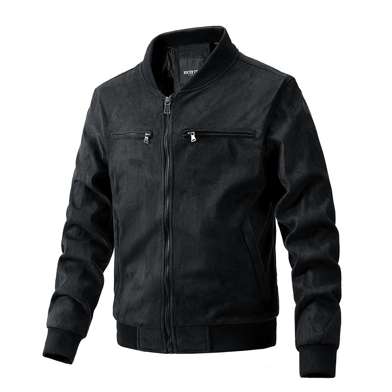 Men's Suede Stand Collar Jacket with Double Zip and Pockets