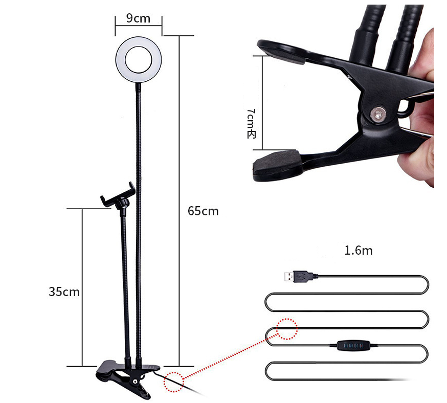 Adjustable LED Selfie Ring Light with Clamp Phone Holder