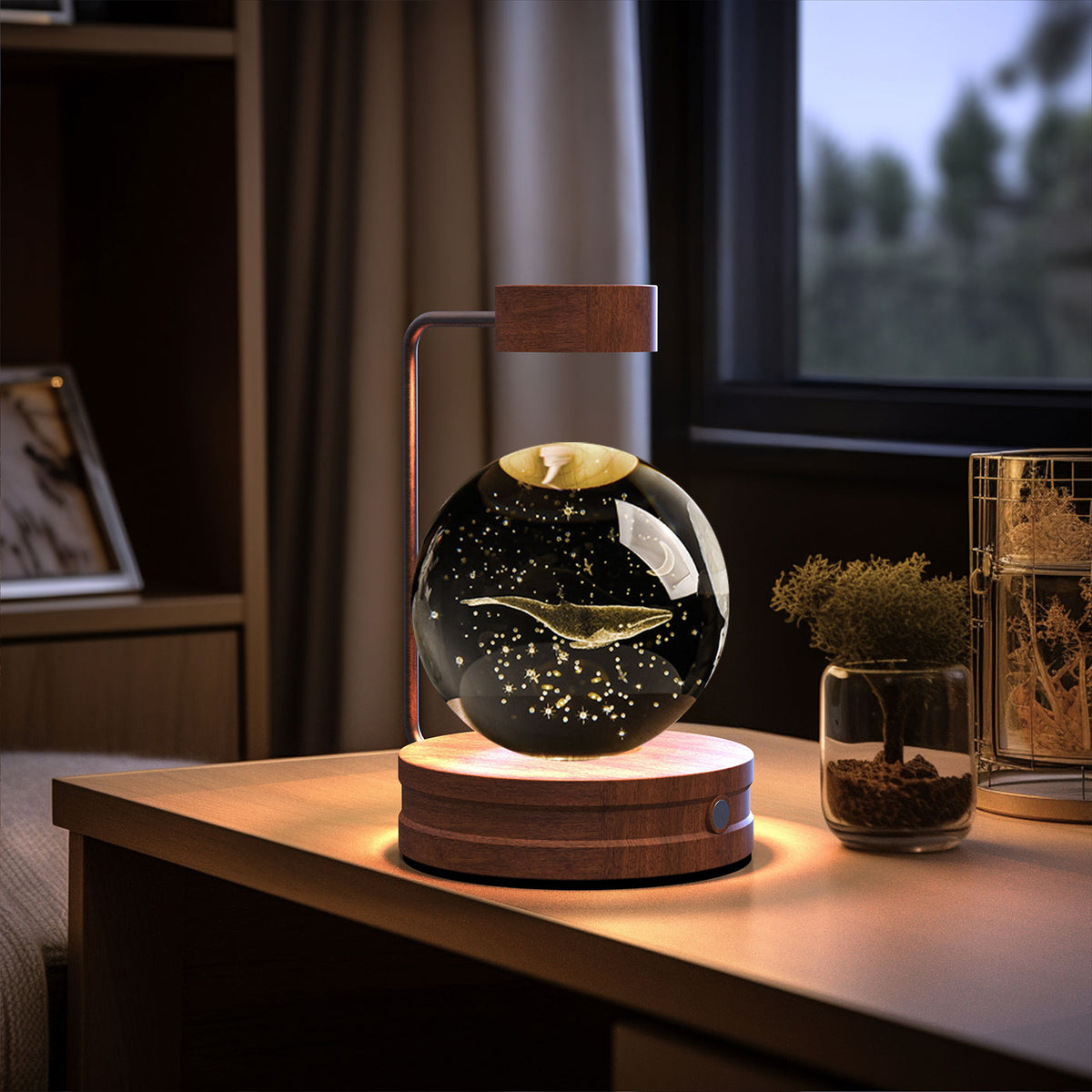 Crystal Ball Night Light With 3D Pattern On Wooden Base