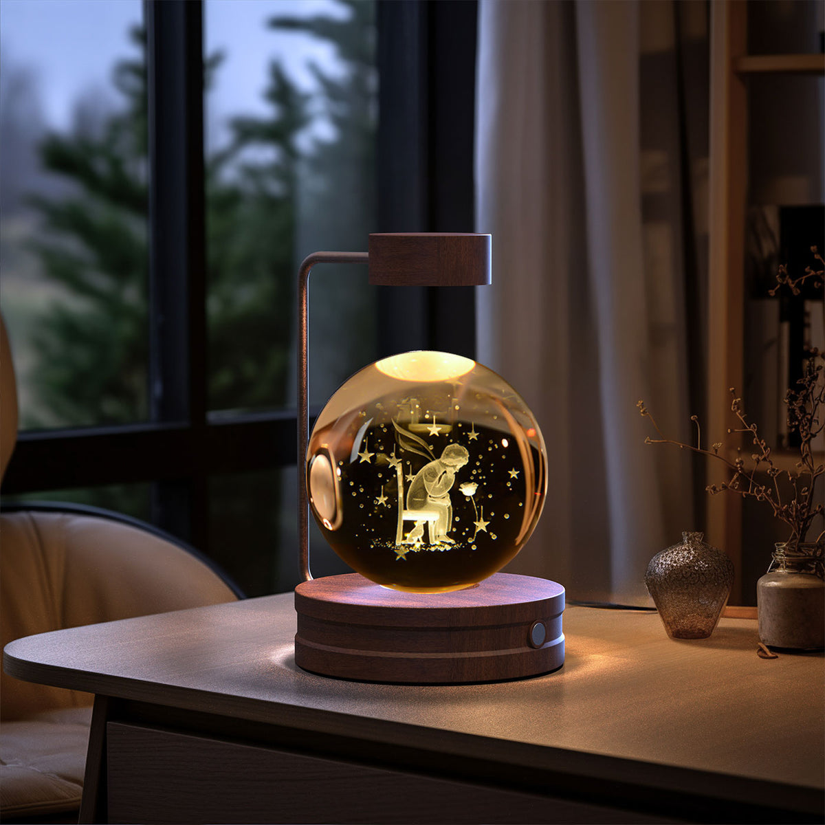 Crystal Ball Night Light With 3D Pattern On Wooden Base