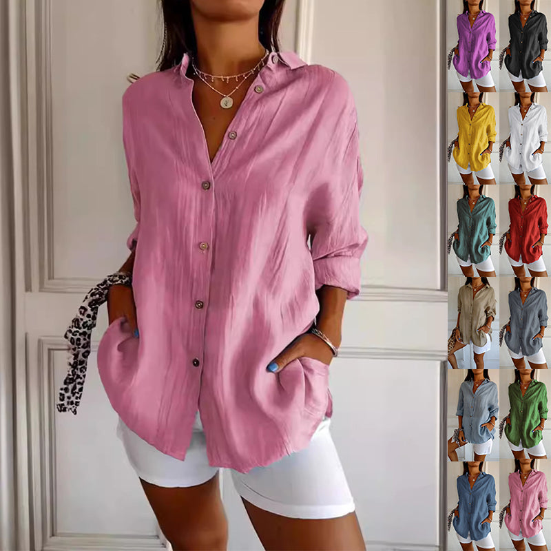 Women's Pleated Single-Breasted Lapel Shirt, Loose Fit, XS to 5XL