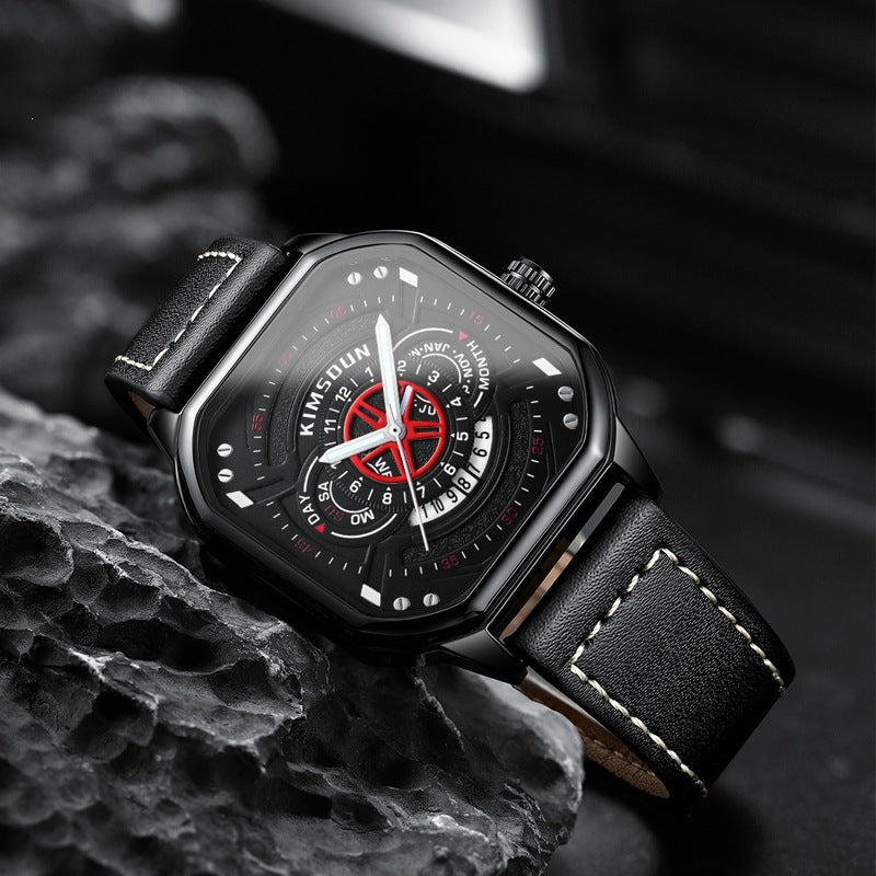 Men's Trendy Waterproof Quartz Watch with Leather Strap