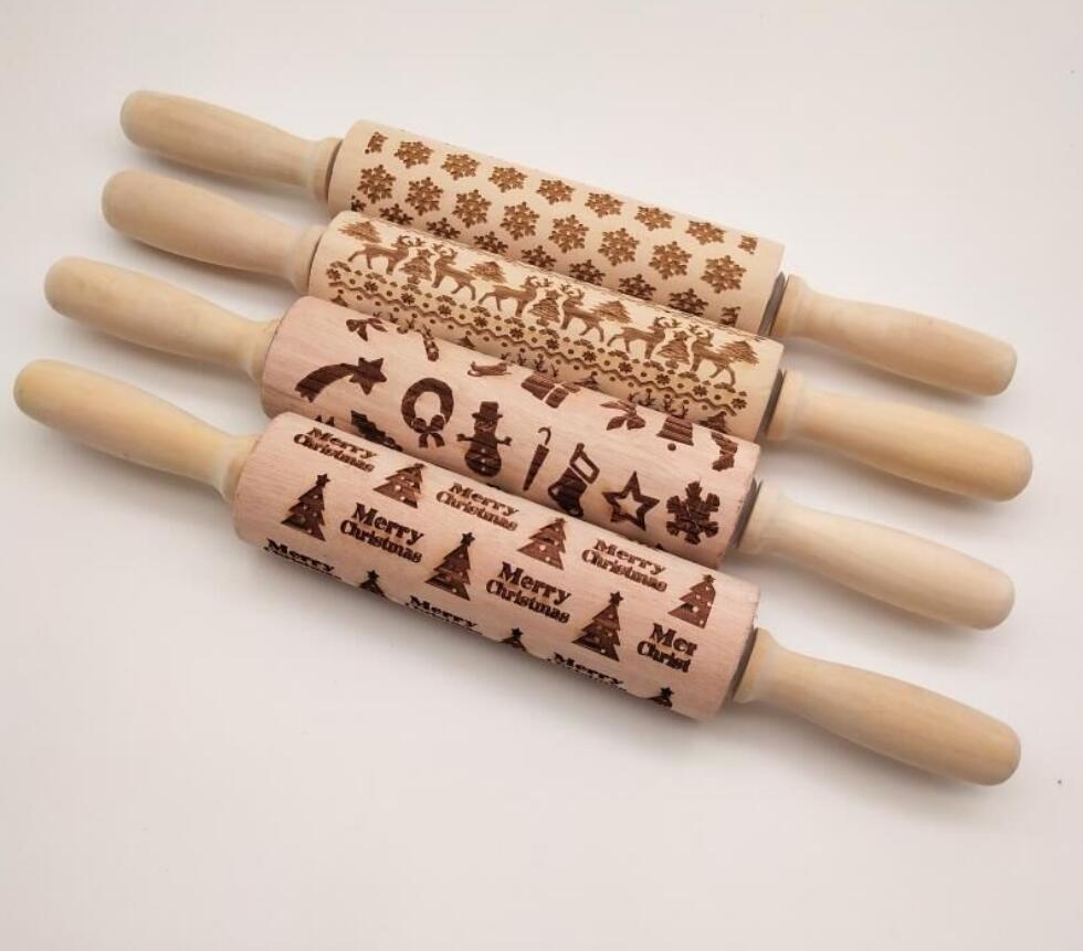Wooden Christmas Embossing Rolling Pin for Cookies and Dough