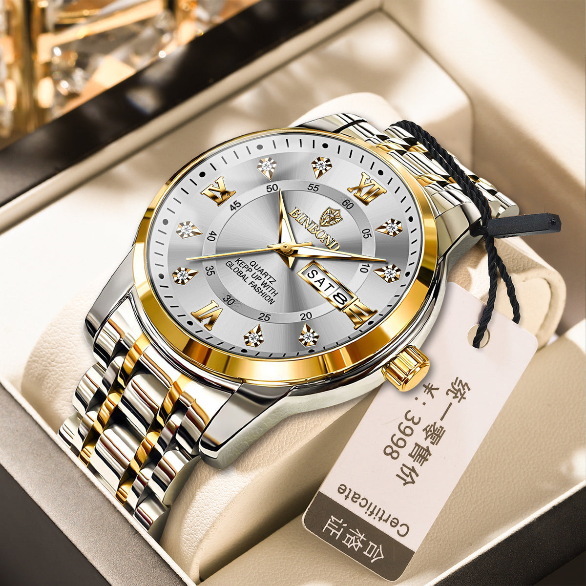 Light-Luxury Business Quartz Watch For Men In Steel And Gold