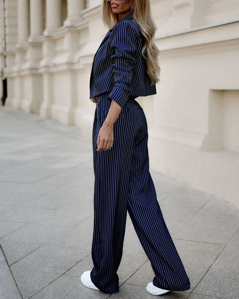 Women's Striped Lapel Cropped Top and Straight Trousers Set