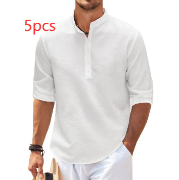 Men's Long Sleeve Stand Collar Shirt, Solid Colour Casual Top