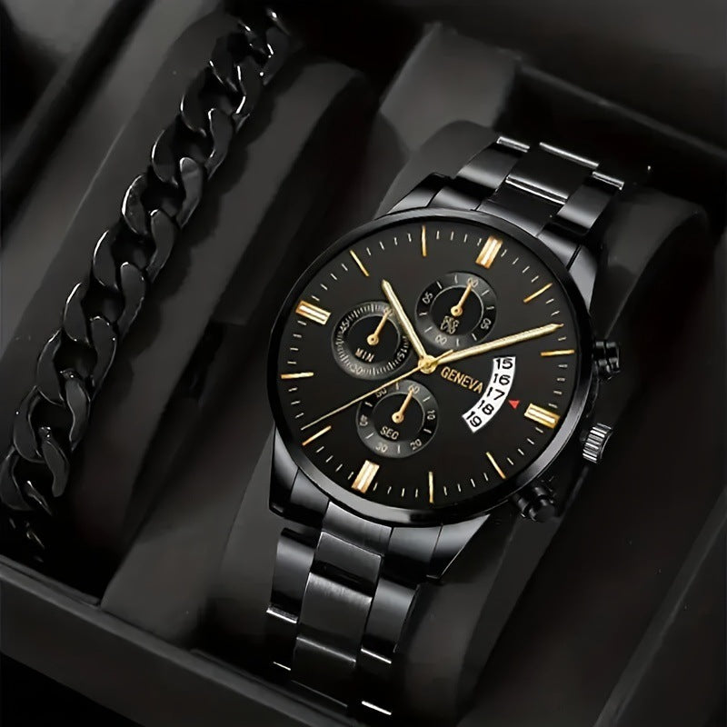 Men's Three-Eye Quartz Watch And Bracelet Set In Steel Strip