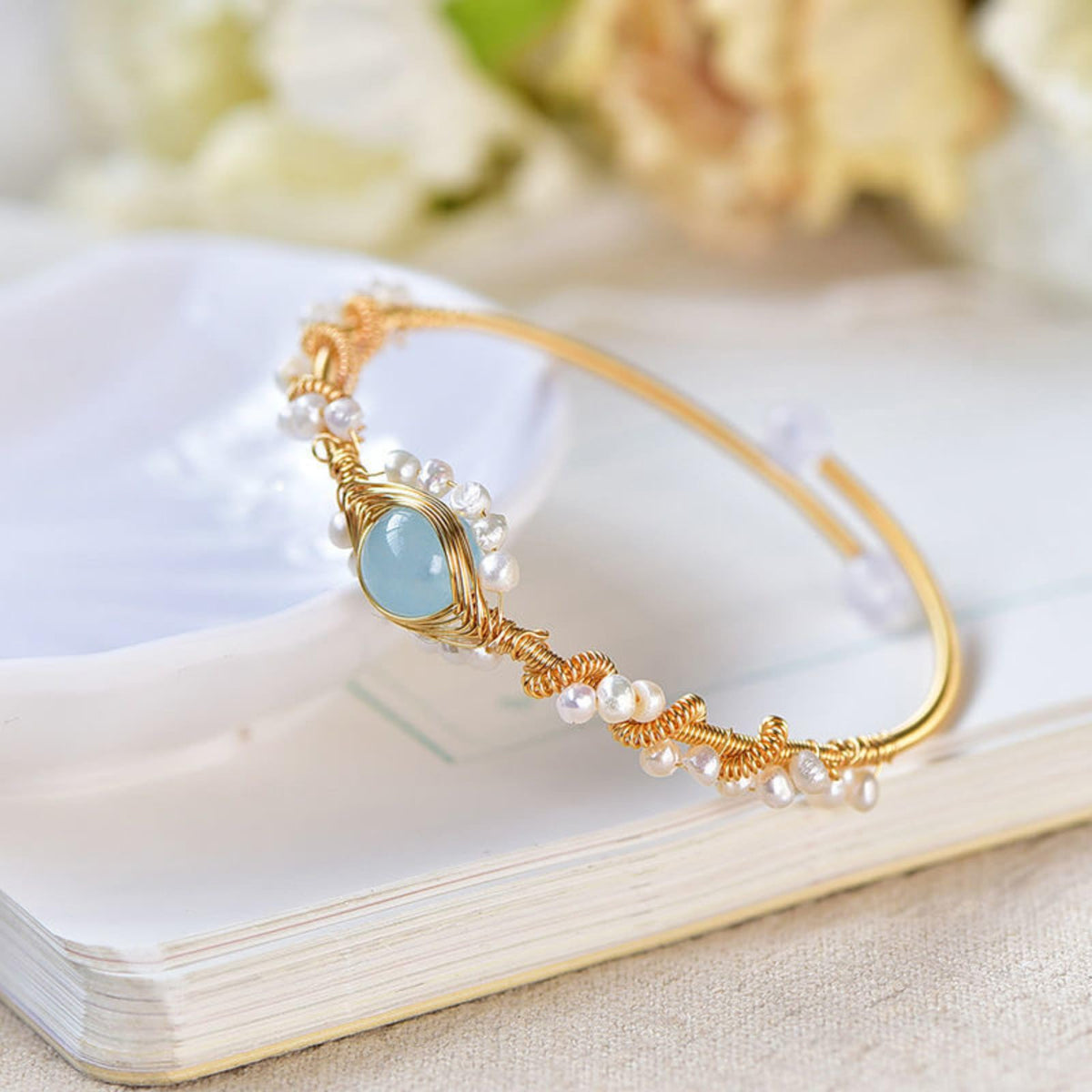Gold Plated Pearl Bracelet for Women, Braided Wire Charm Bracelet