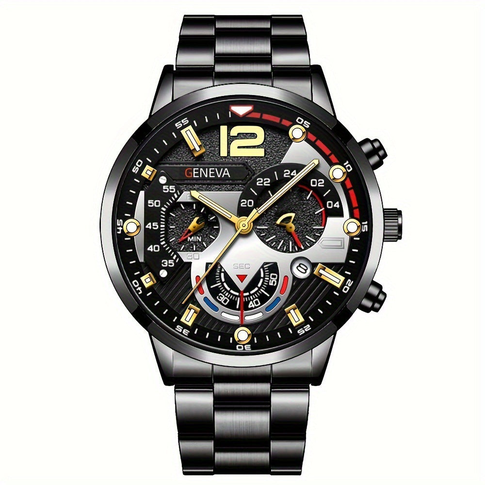 Men's Three-Eye Quartz Watch And Bracelet Set In Steel Strip