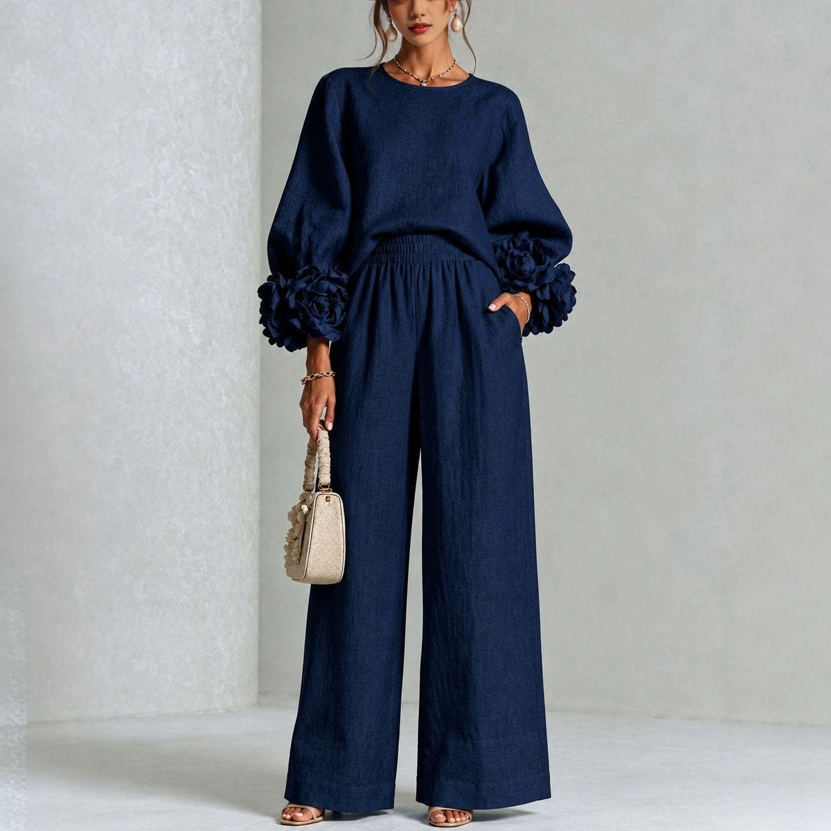 Women's Floral Cuff Top And Wide Leg Trousers Two Piece Set