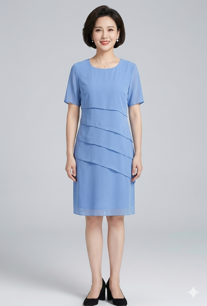 Women's Chiffon Dress with Tiered Front and Short Sleeves