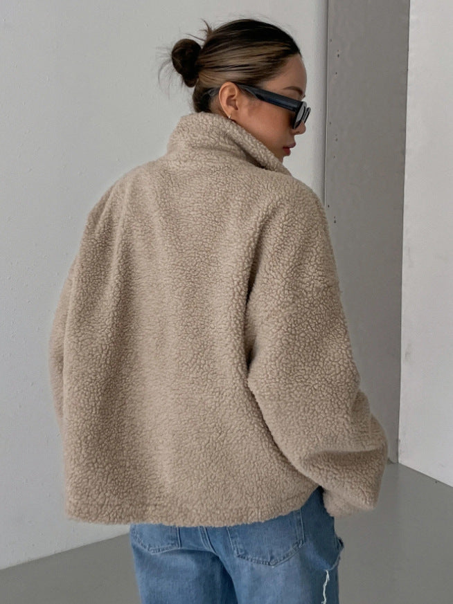 Women's Oversized Fleece Jacket with Stand Collar and Zip