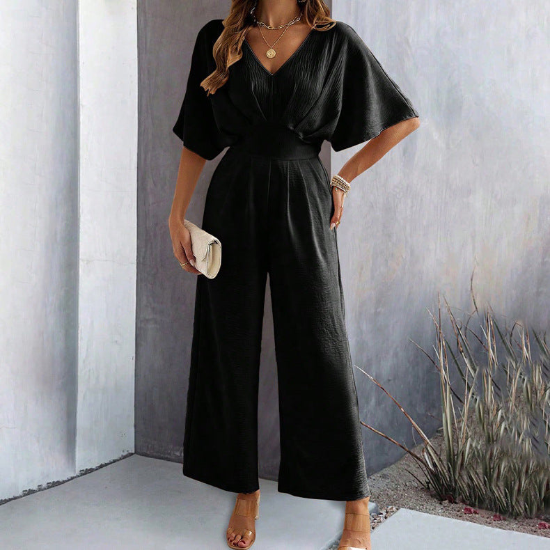 Women's Wide-Leg Jumpsuit with V-Neck and Elegant Draping