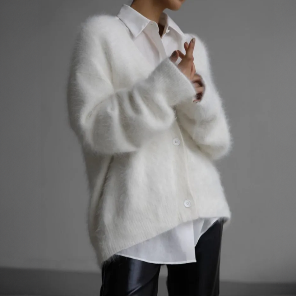 Women's Fluffy V-Neck Cardigan with Button Front and Long Sleeves