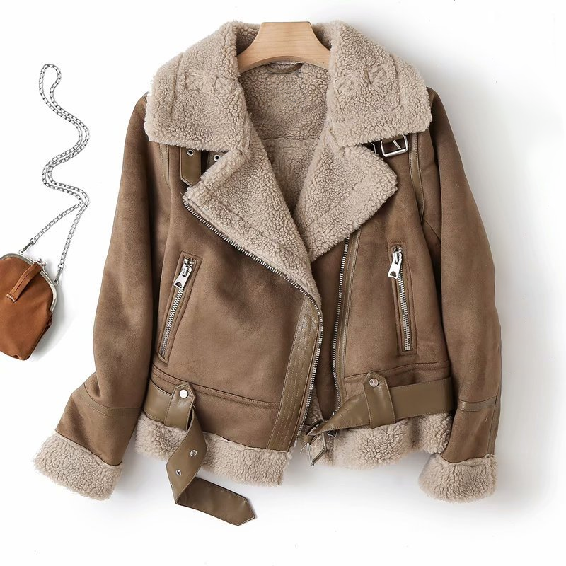 Women's Suede-Look Biker Jacket with Sherpa Fleece Lining